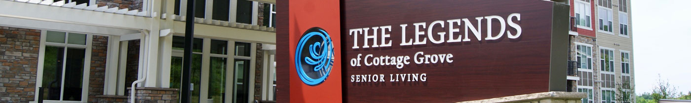 the legends of cottage grove senior living sign and building front